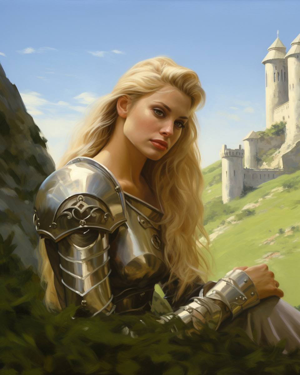 A young woman and knight in armor.