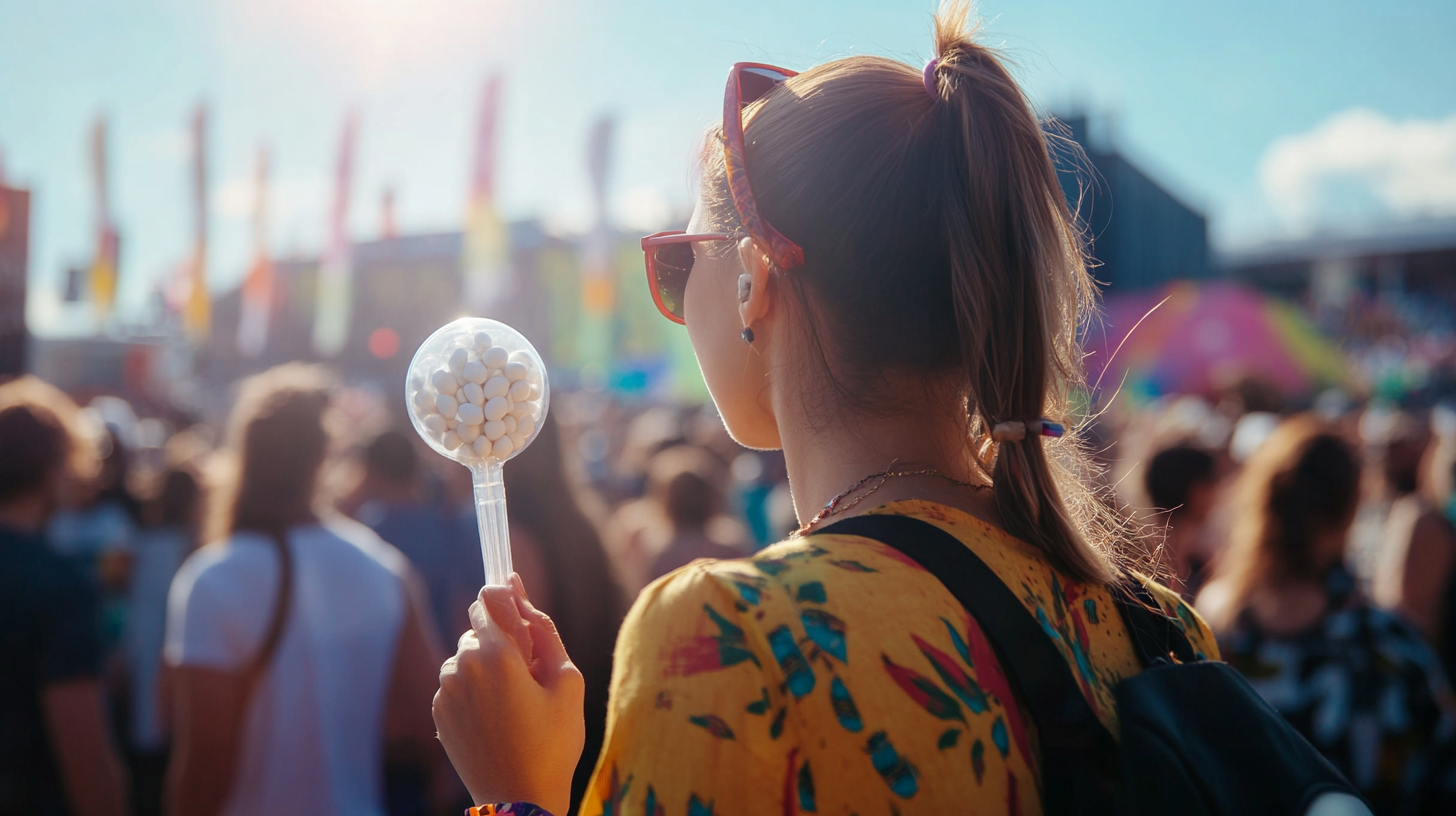 A young woman holds a maraca with mints.