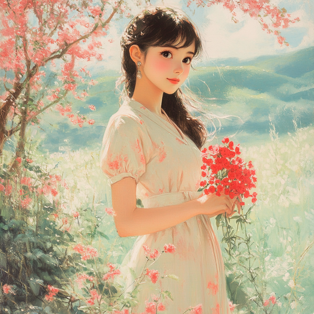 A young woman in a pastel dress gathers flowers