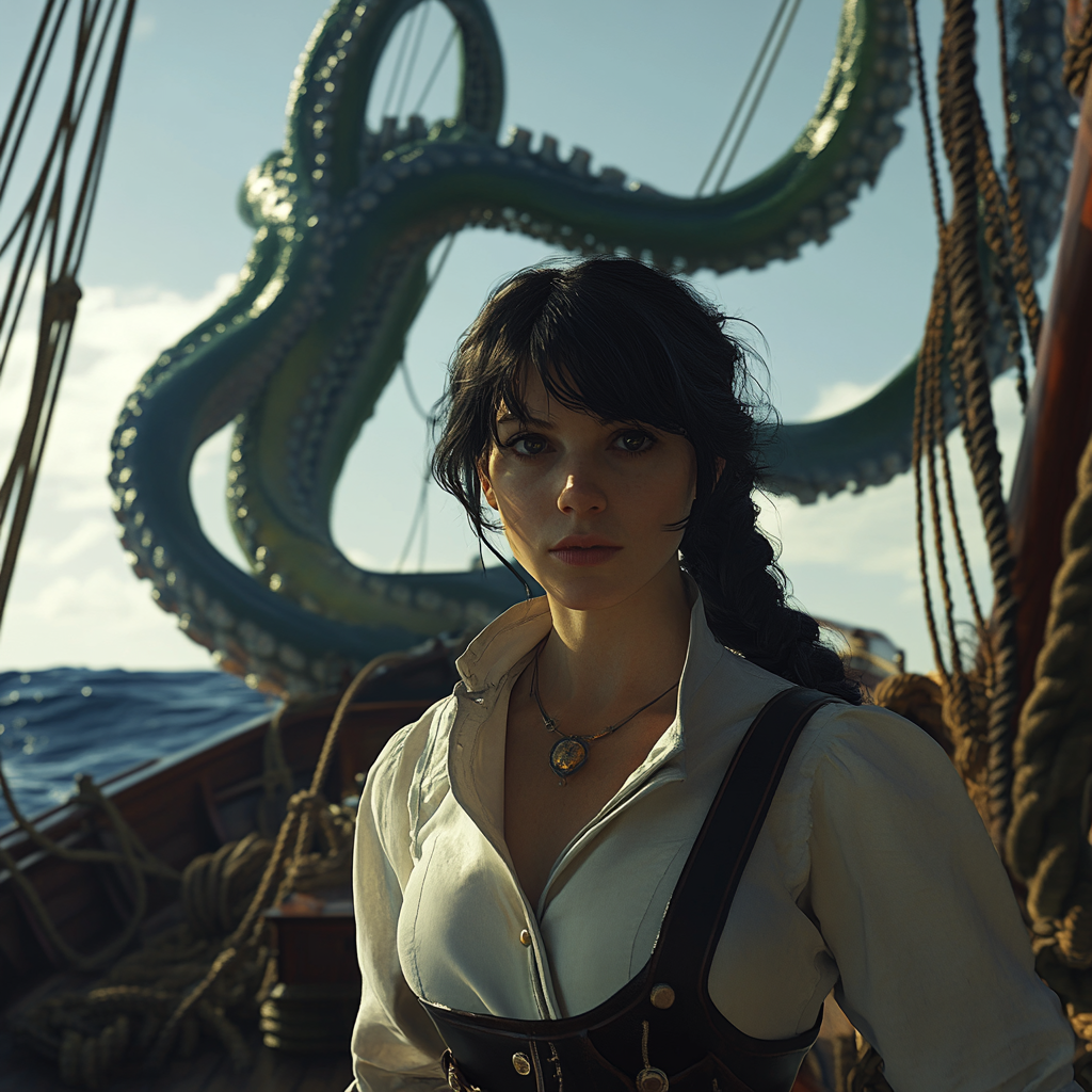 A young woman in captain's clothing with octopus tentacle.