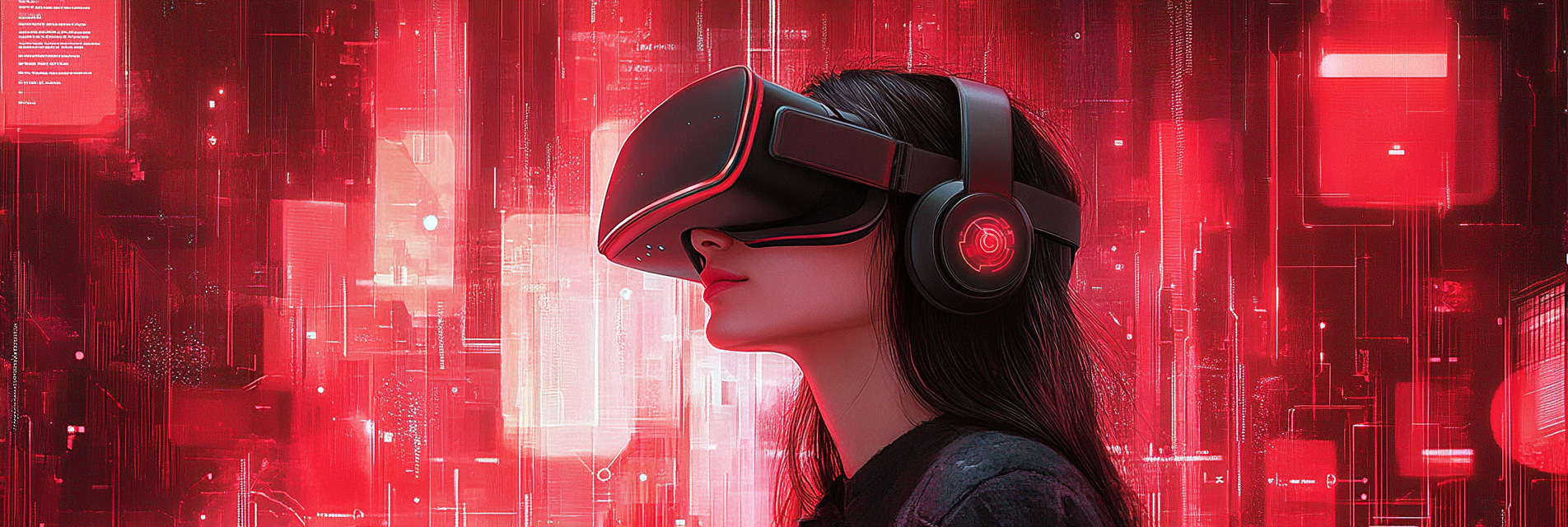 A young woman in virtual reality gaming world.