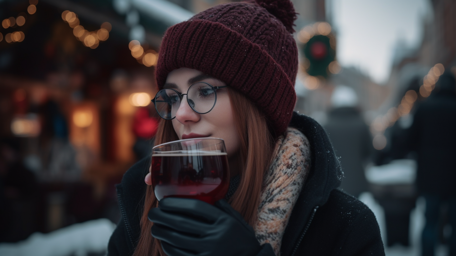 A young woman influencer in wintery scene.