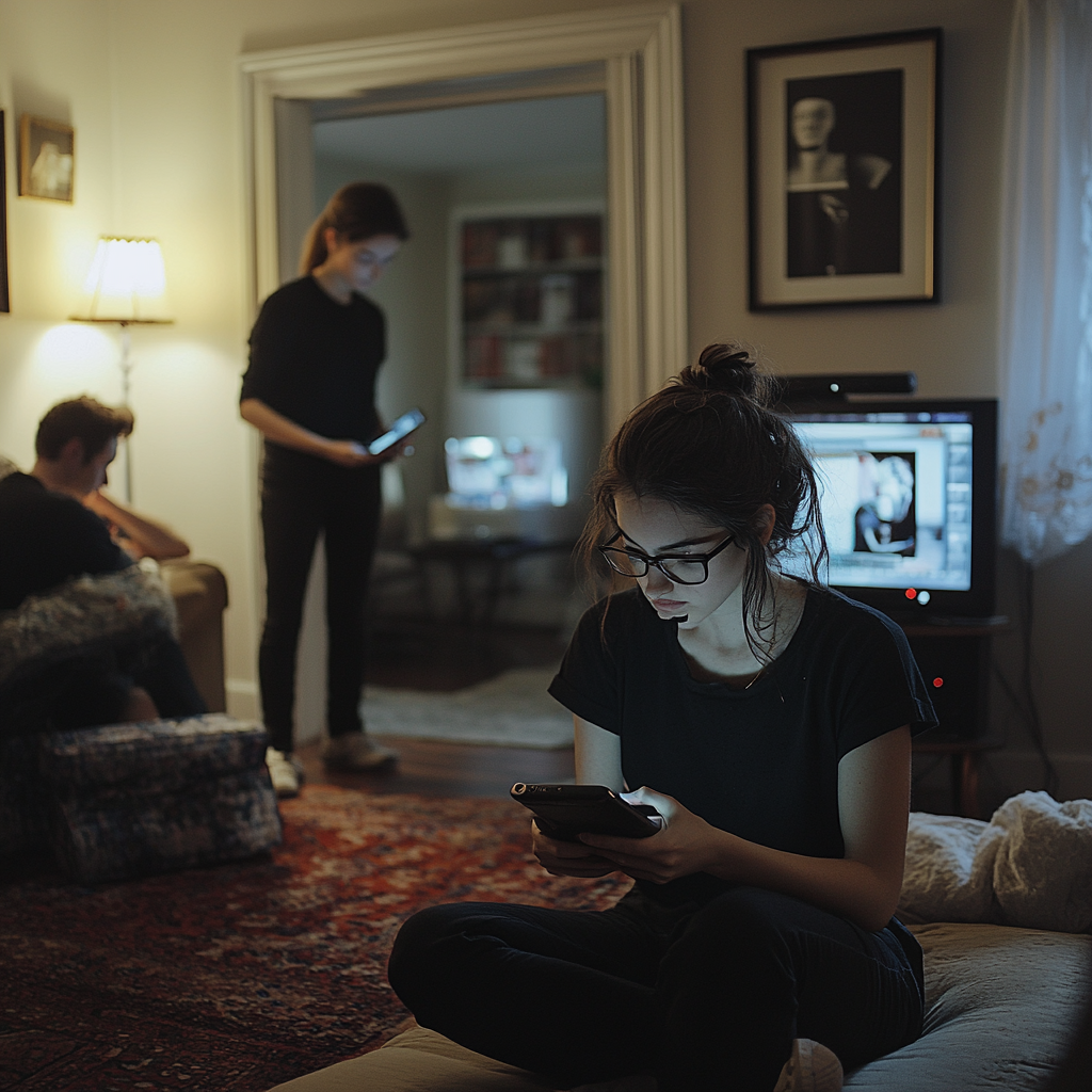 A young woman investigates on her smartphone with help.