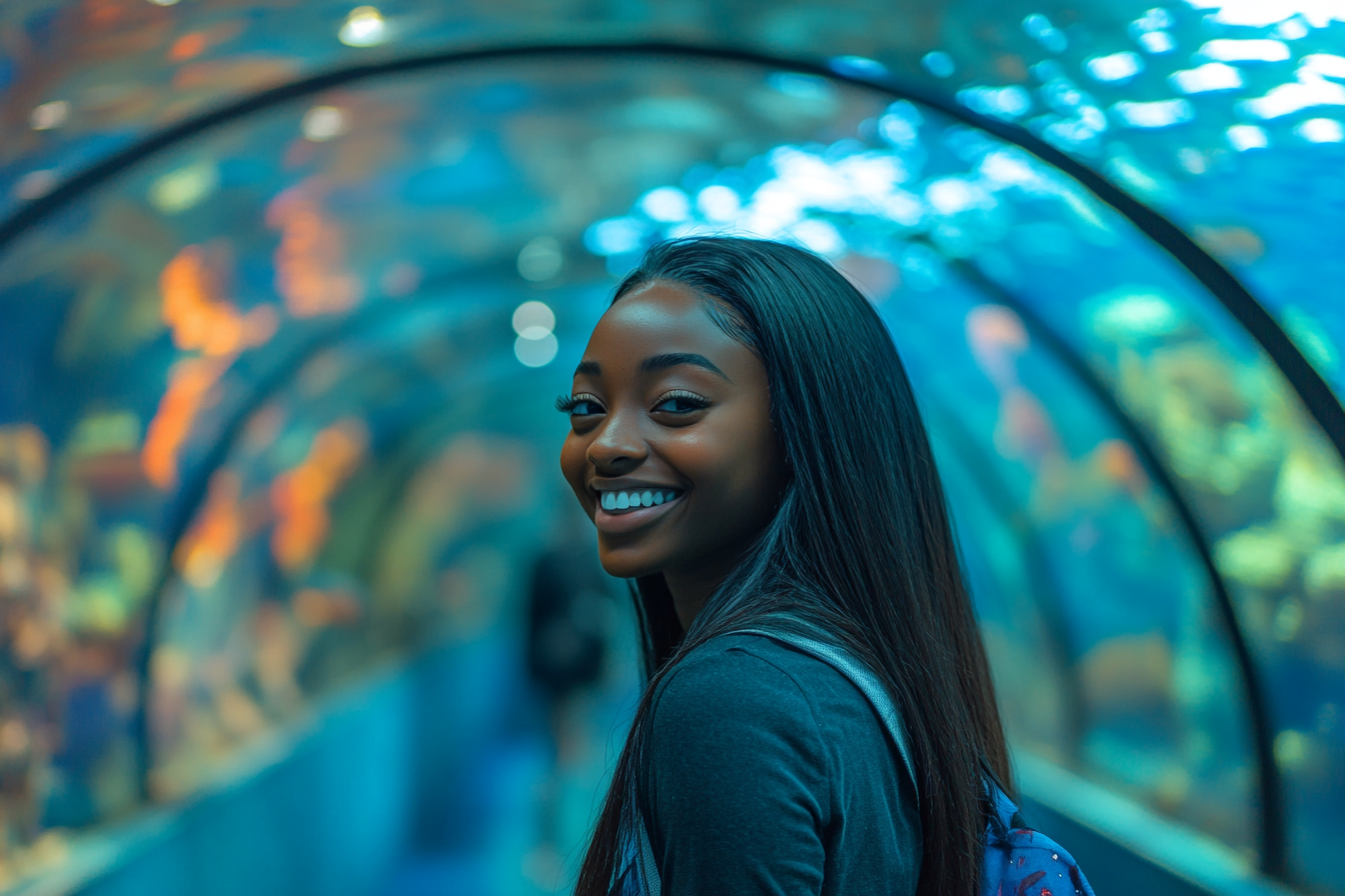 A young woman with long straight hair in tunnel.