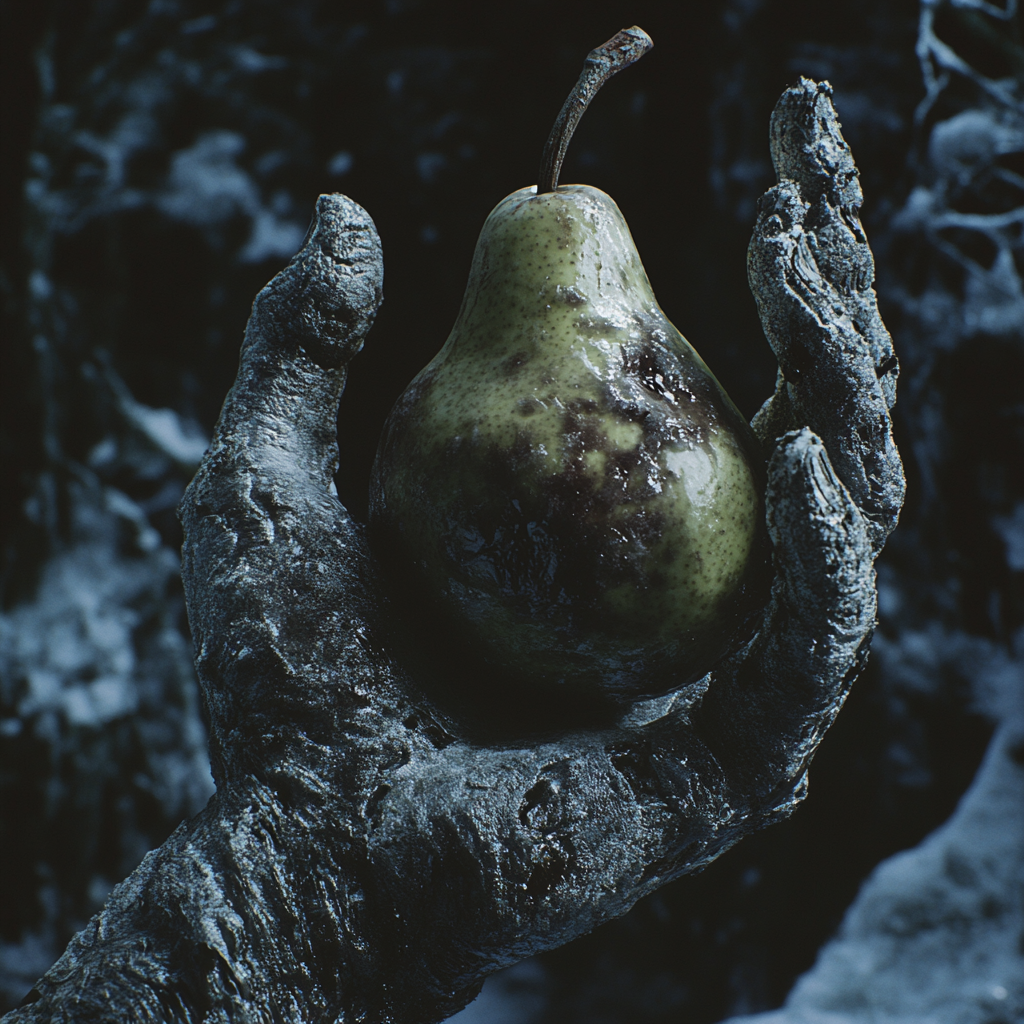 A zombie hand holding a rotten pear closely.