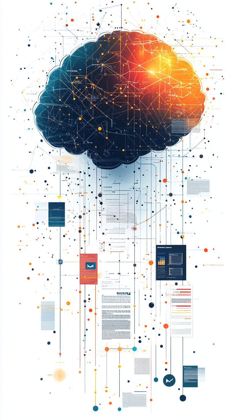 AI Brain Network with News Magazine and Email Symbol