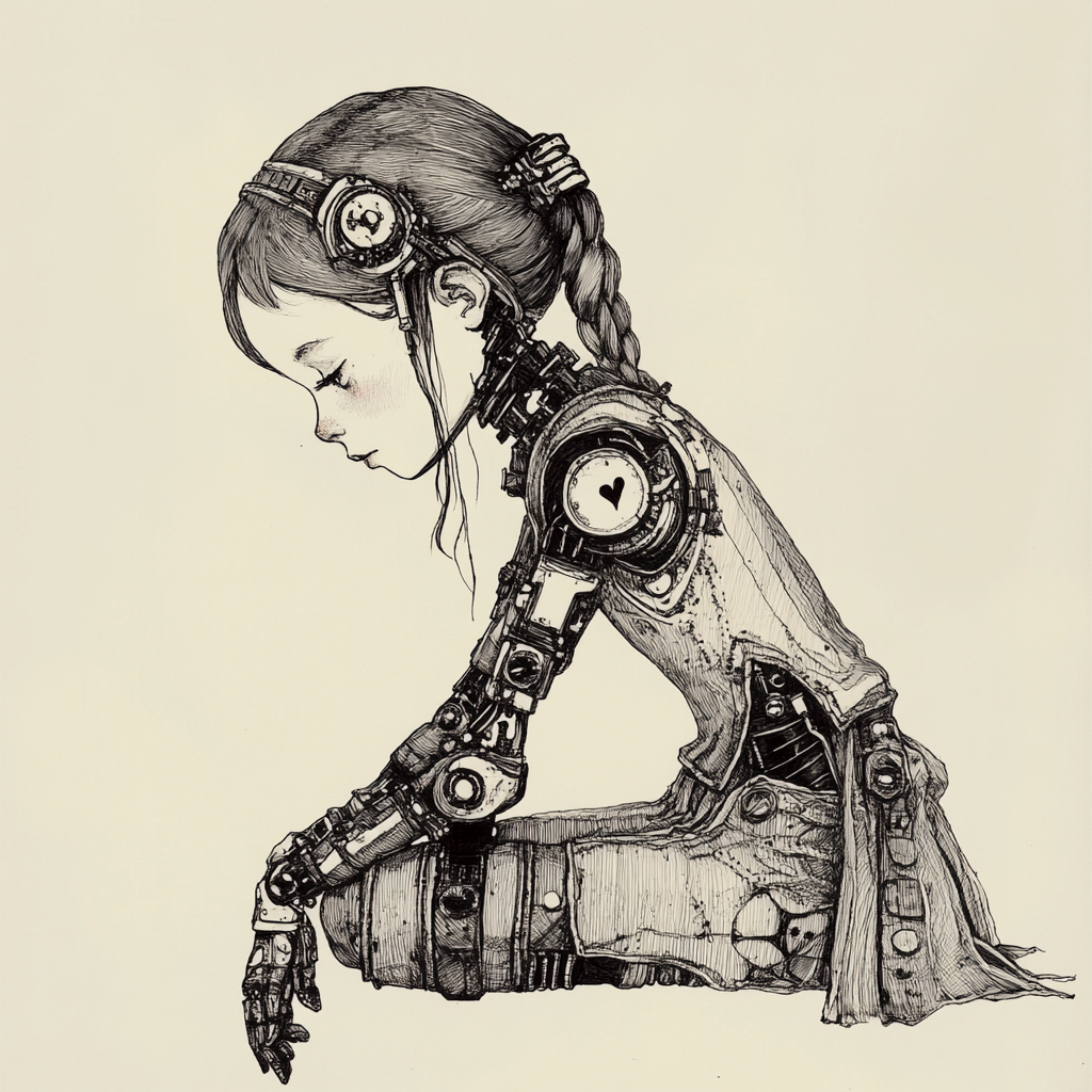 AI Image: Young girl with robotic features in eerie style.