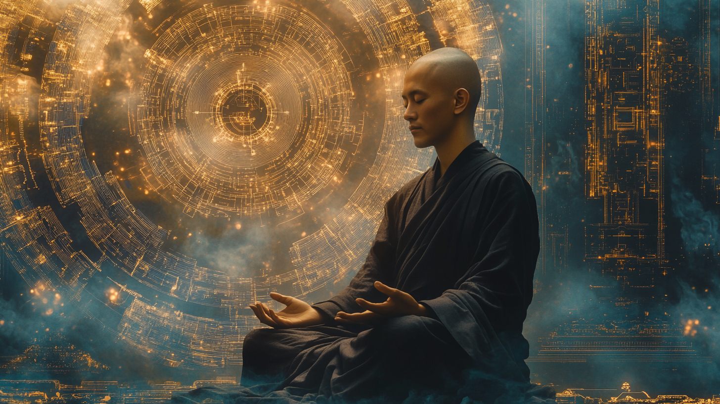 AI Monk Meditates with Digital and Spiritual Harmony