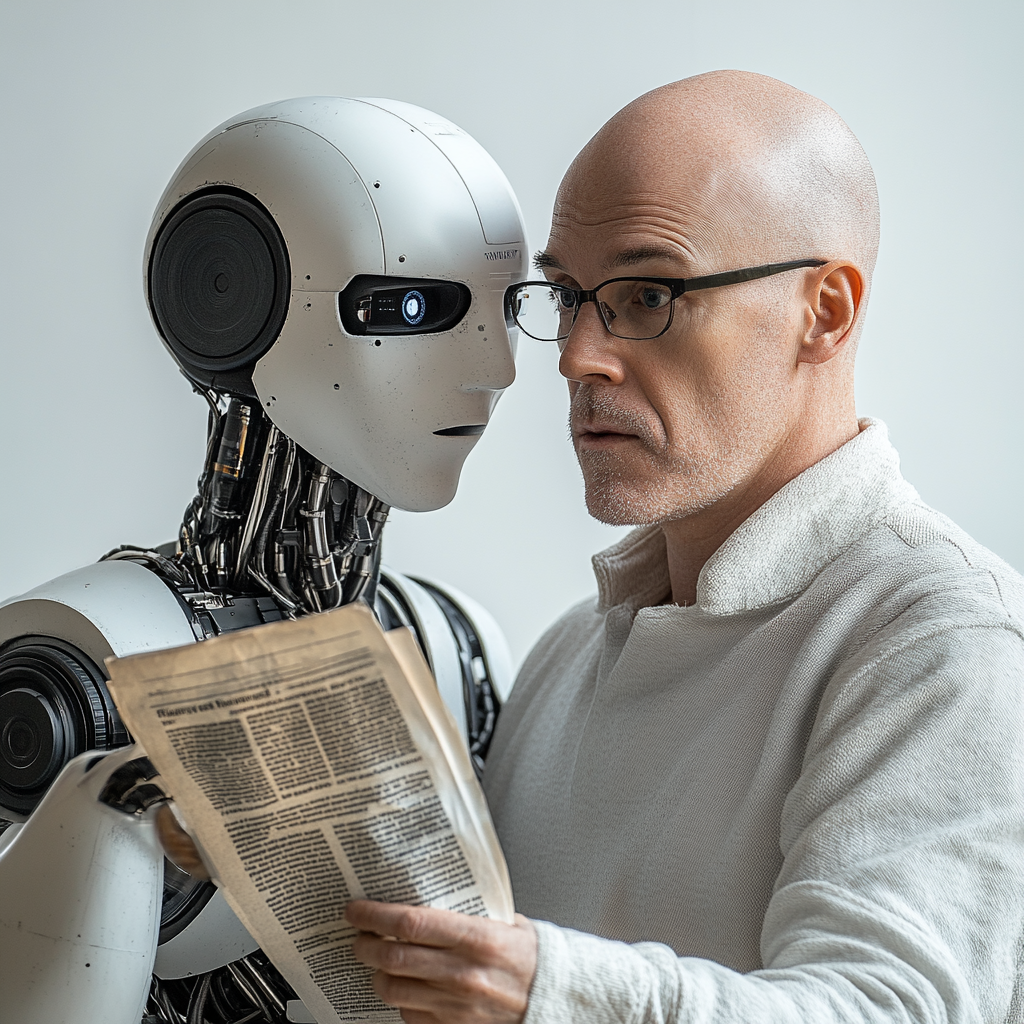 AI Robot Gives Futuristic Newspaper to Bald Swedish Man 