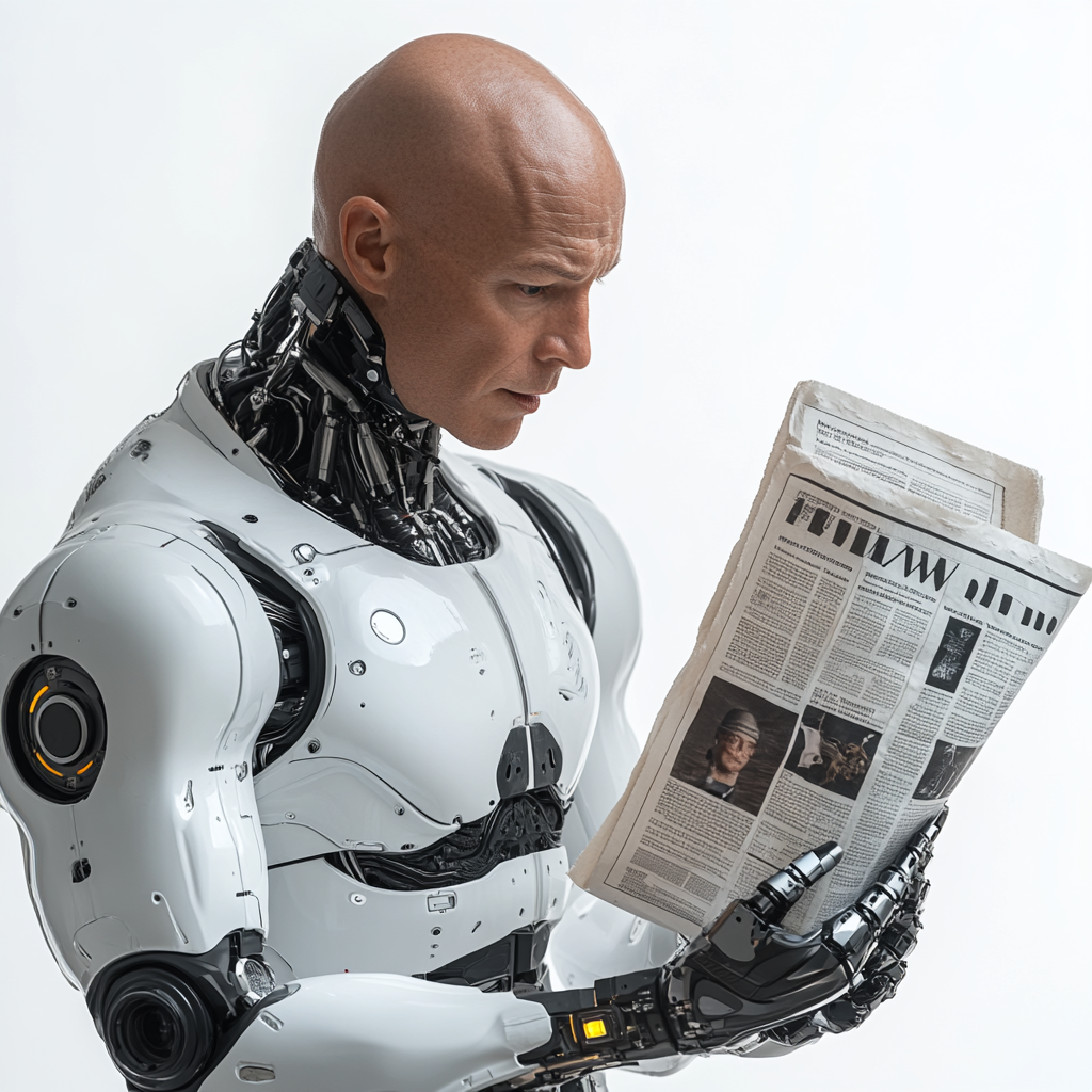 AI Robot Gives Newspaper to Attractive Blue-Eyed Man