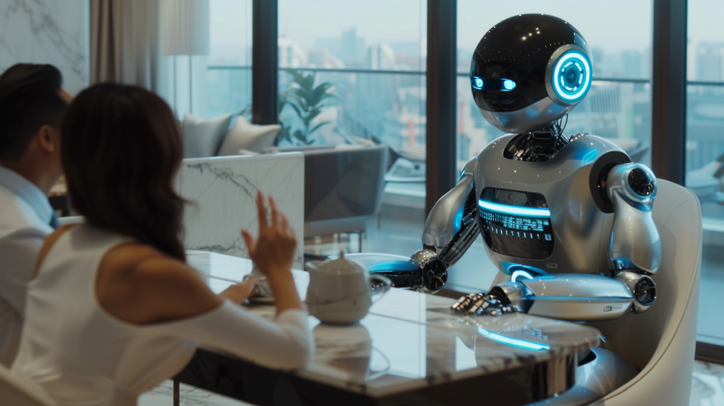 AI Robot Helps Couple in Modern Real Estate Office