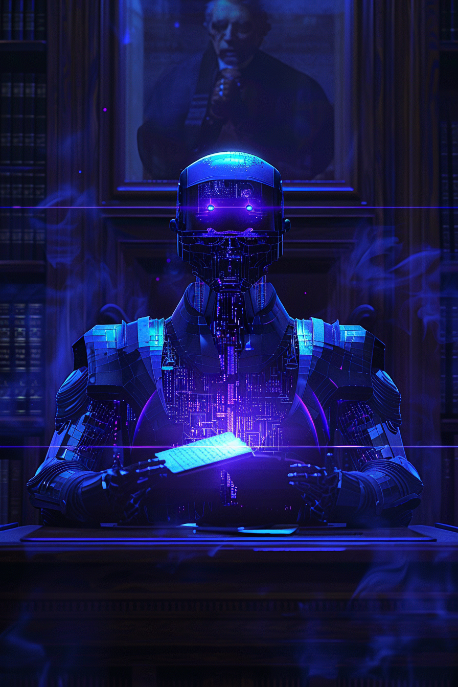 AI Robot Judge ruling in futuristic holographic courtroom.