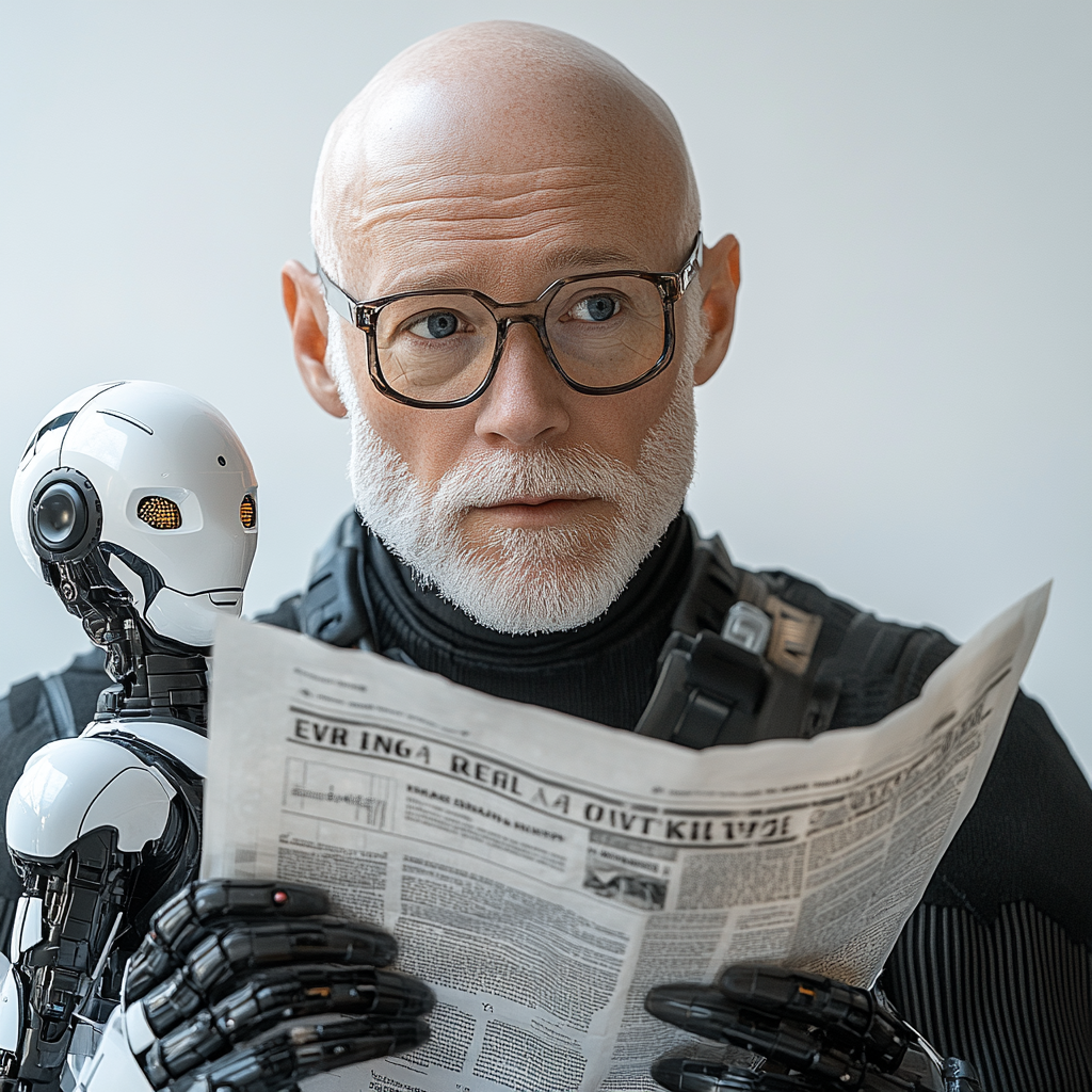 AI Robot presents hologram newspaper to Swedish man