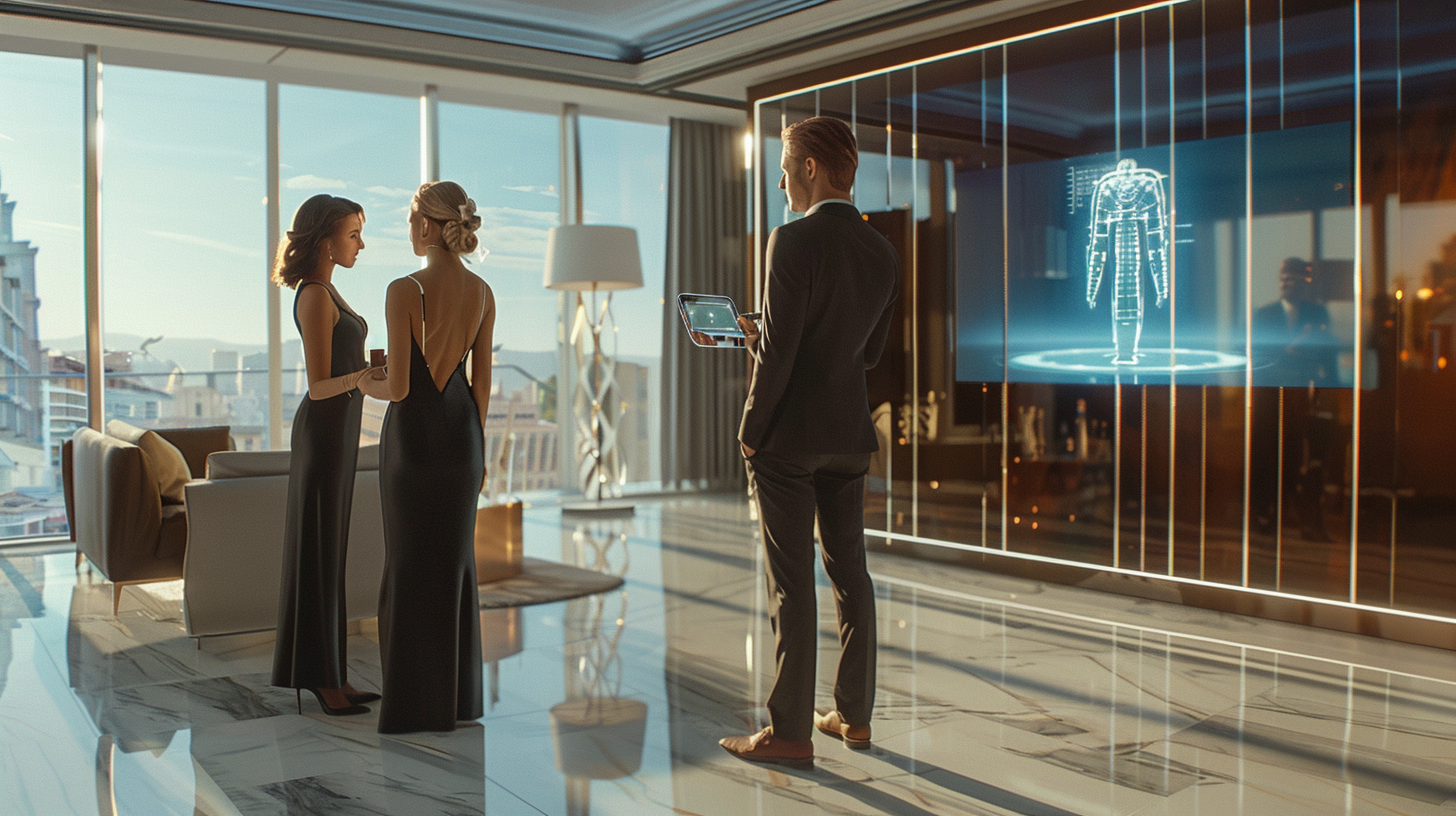 AI consults couple in luxurious real estate office.