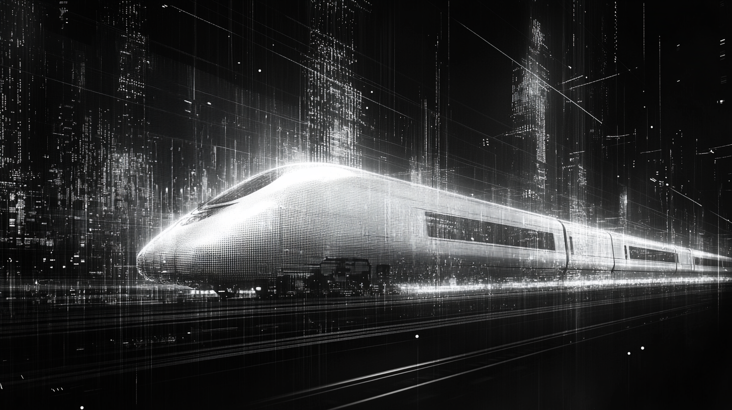 AI creates B&W digital pixel art of electric trains.