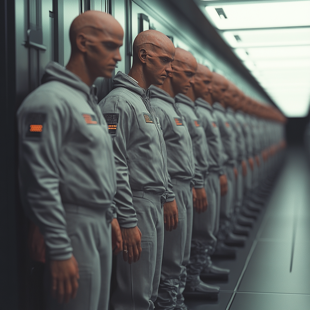 AI creates clones in jumpsuits under cinematic lighting