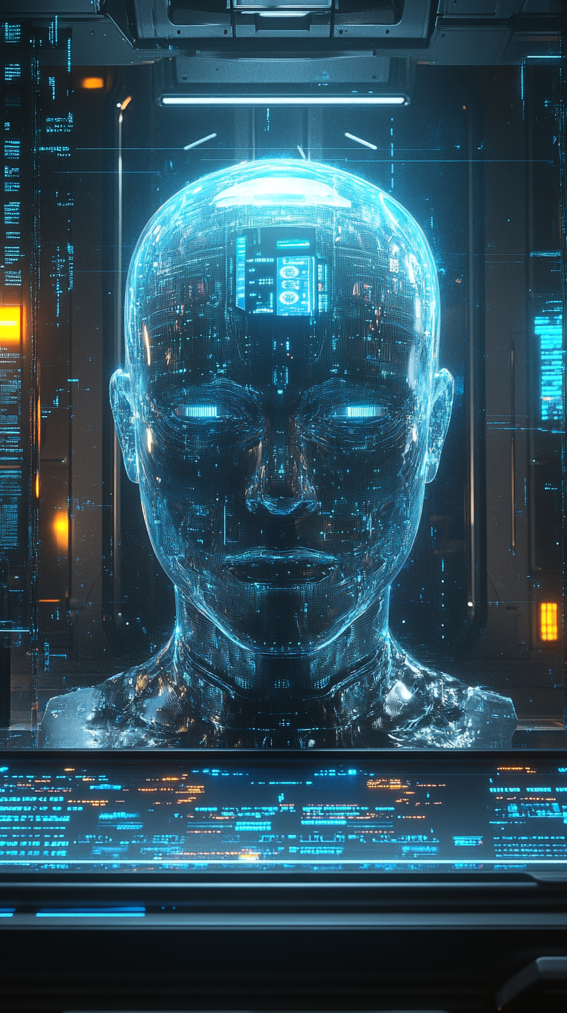 AI headquarters, head analyzes data, sci-fi design, realistic reflections.