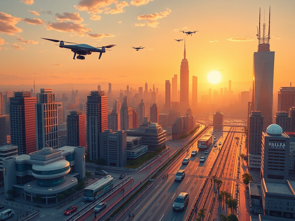 AI-powered futuristic city with flying cars and drones