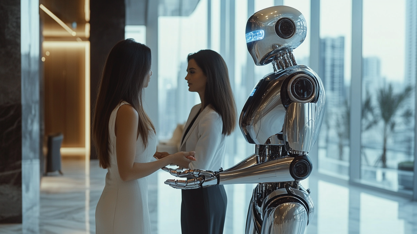 AI robot assists couple in luxurious real estate office.