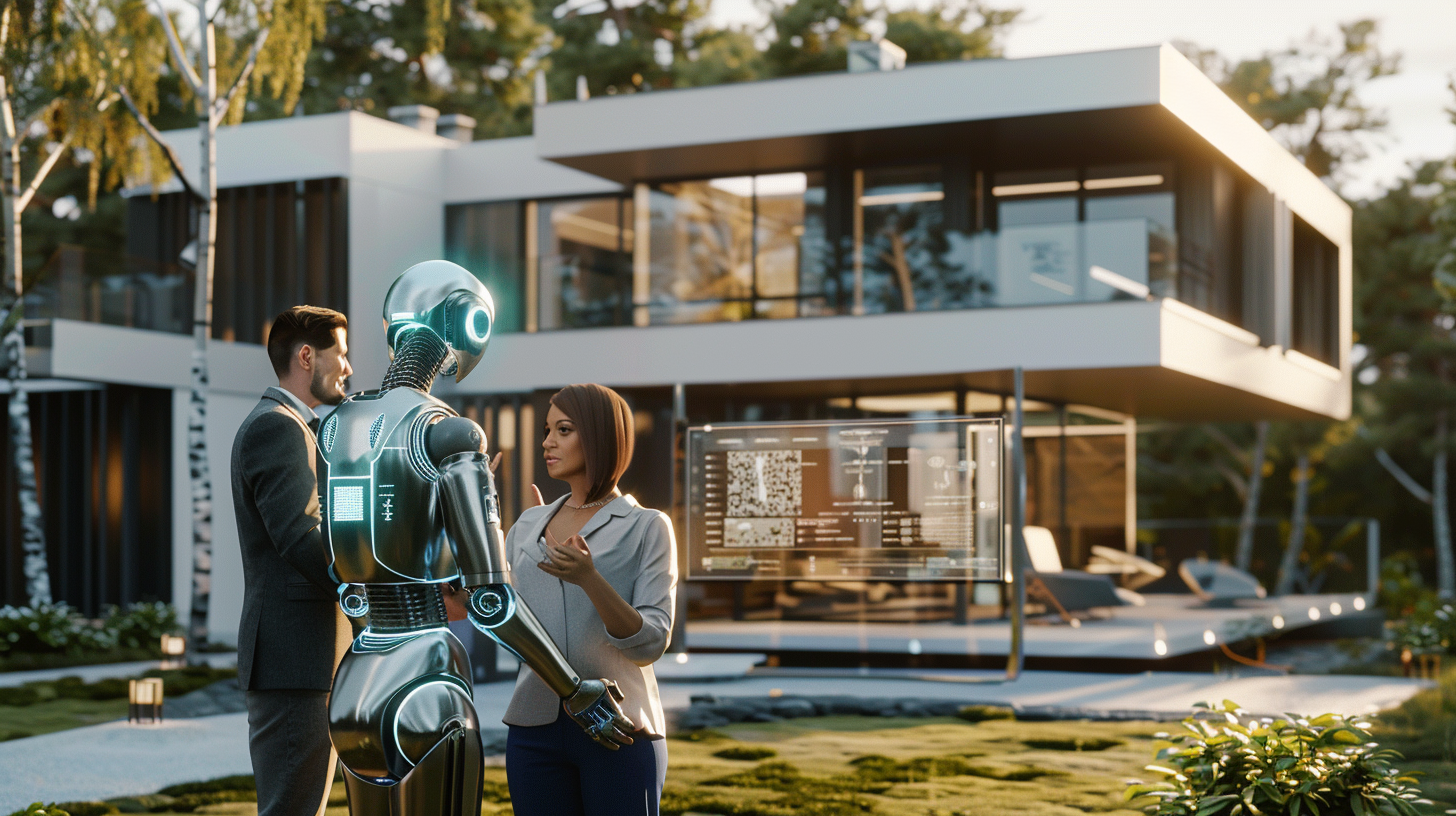 AI robot consults couple in front of luxury villa.