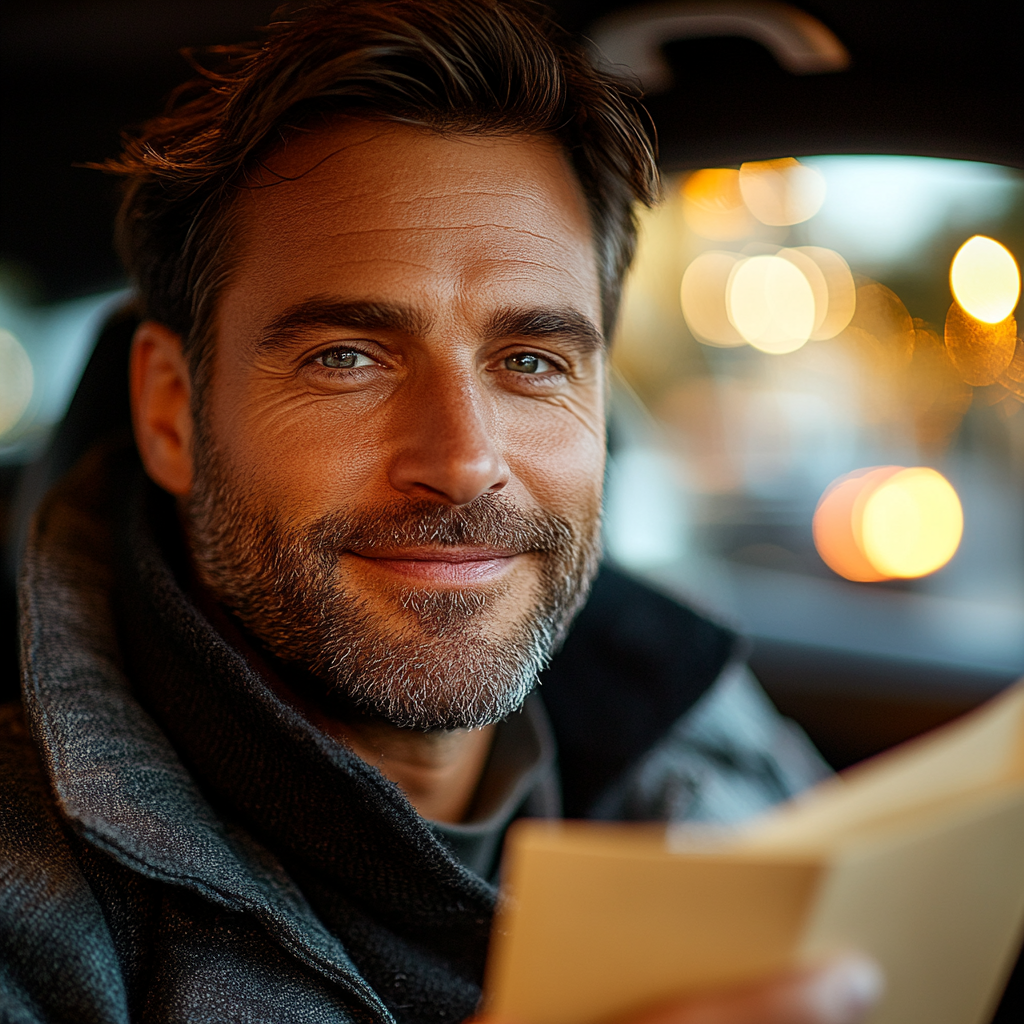 ALT Image Text: Middle-aged man in car, handing over money calmly.