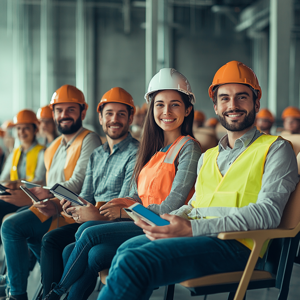 ALT: Employees smile, chairs hold work tools.