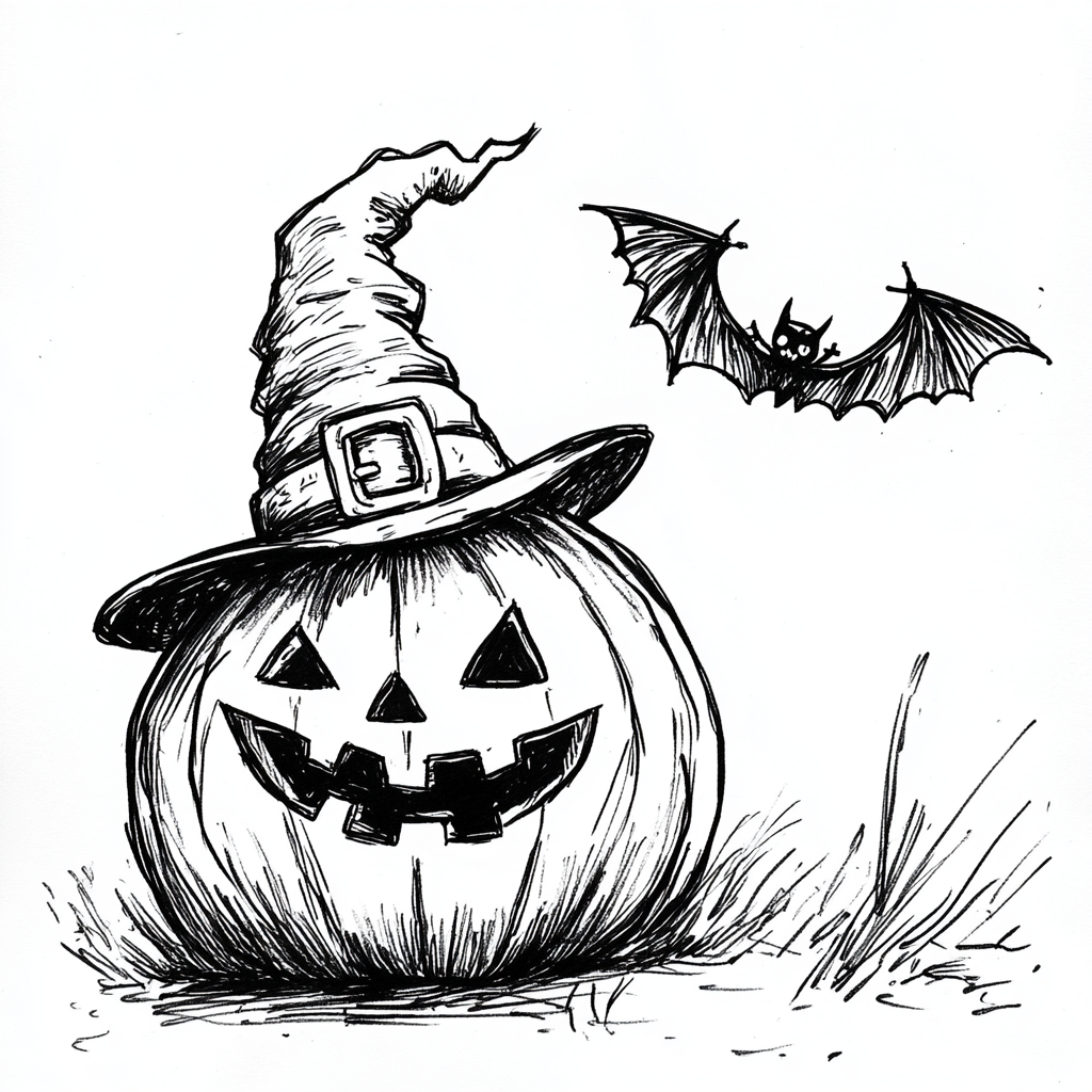 ALT: Halloween coloring page with smiling pumpkin, flying bat.