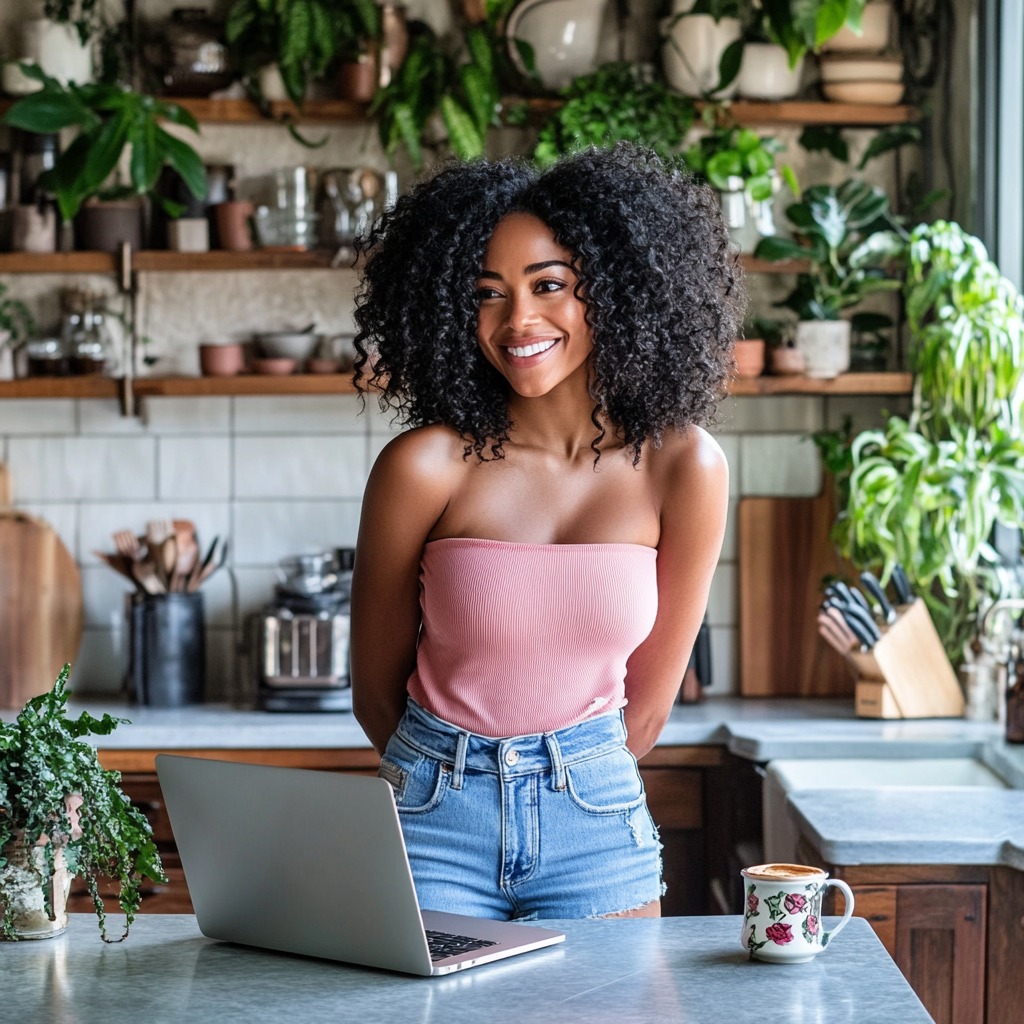 ALT: Smiling girl in pink top with laptop at home.