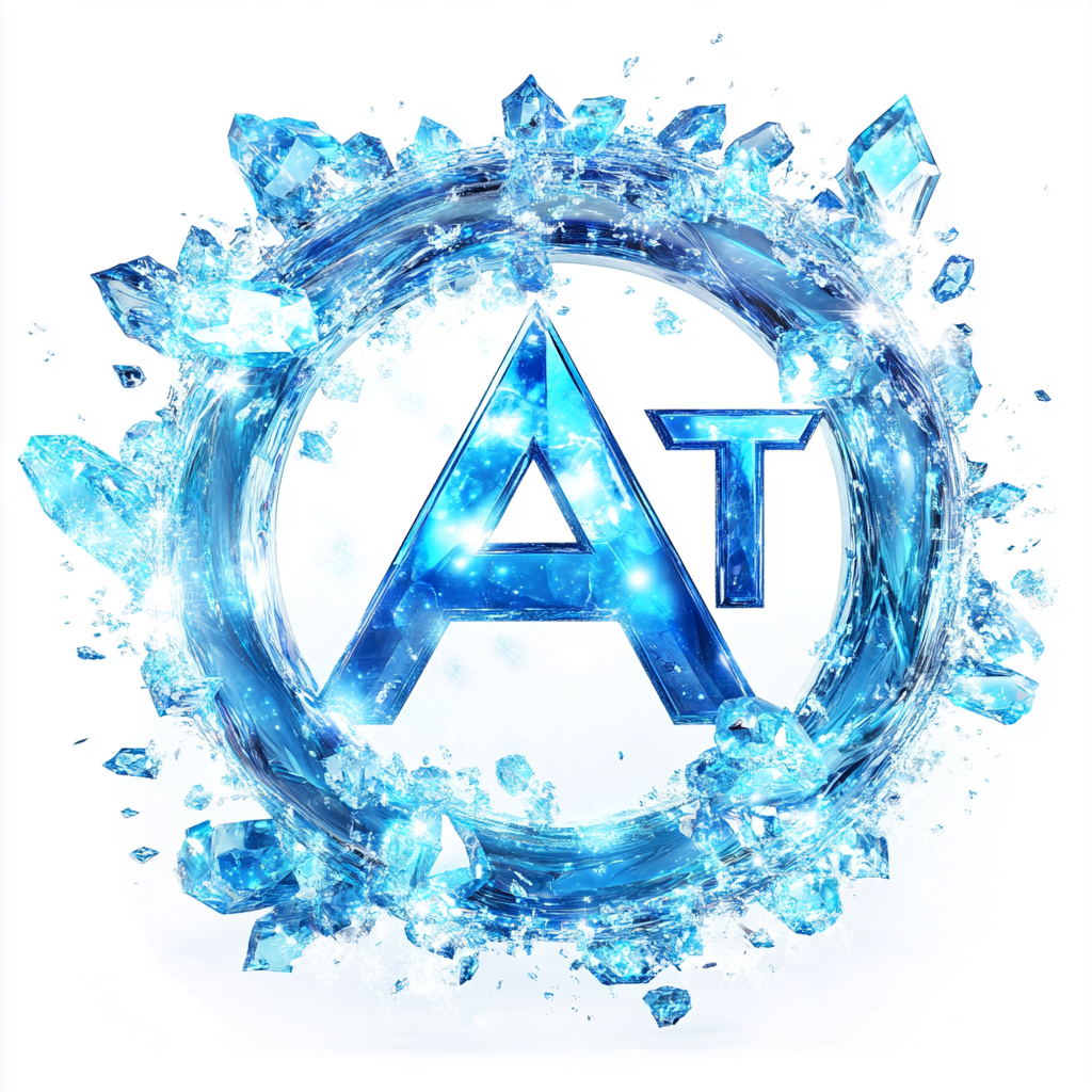 AT&T logo with blue circle, surrounded by crystals.