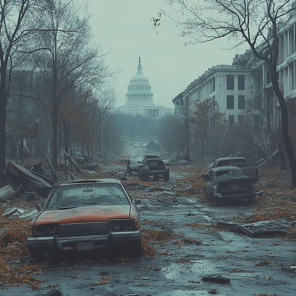 Abandoned D.C. streets in economic collapse, photorealistic Cinematic photography.