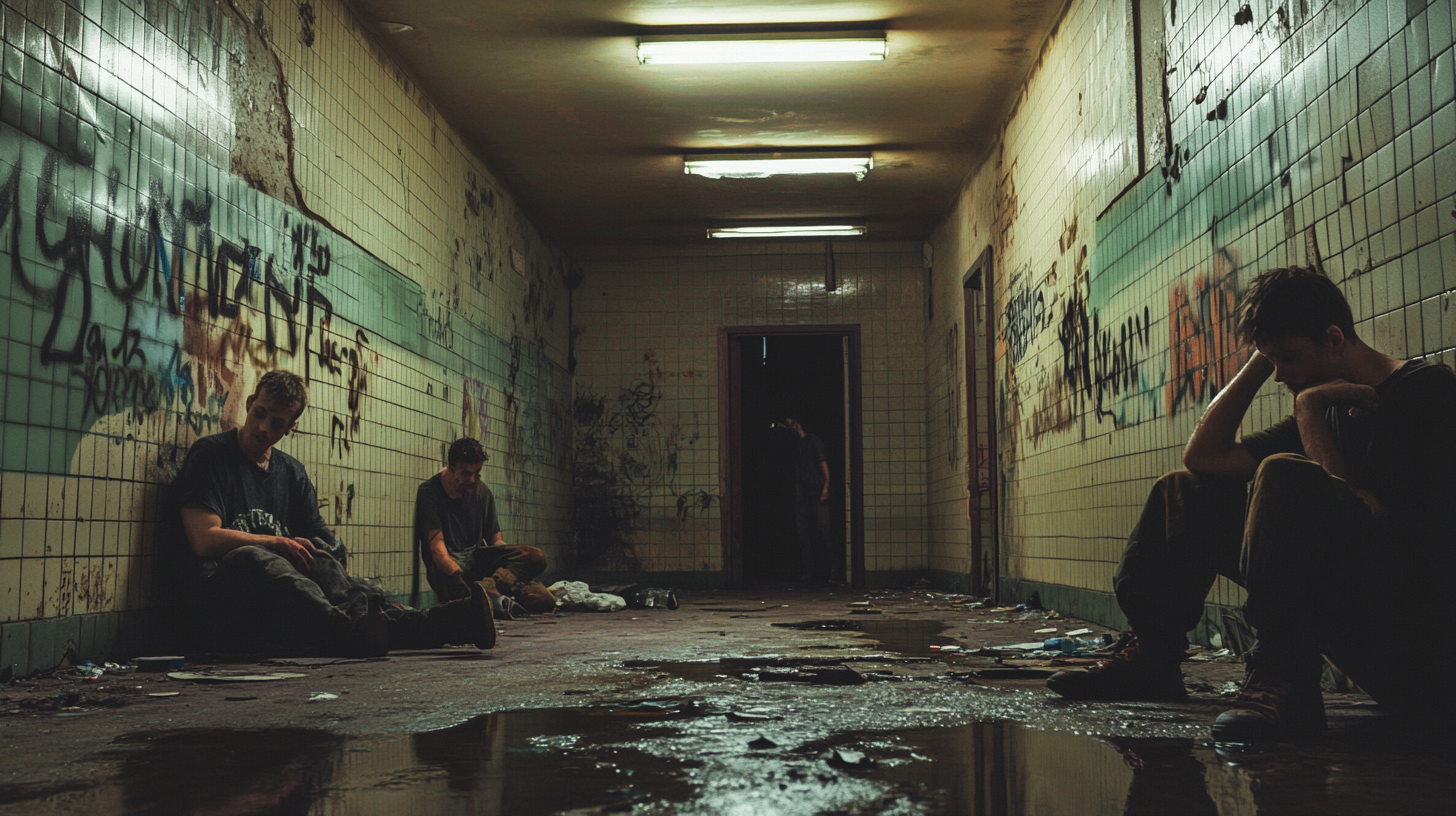 Abandoned French apartment block with disheveled individuals