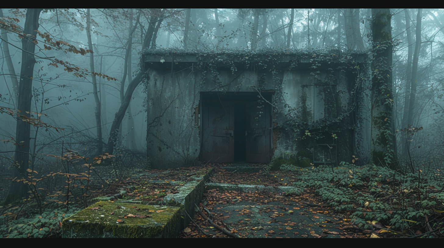 Abandoned bunker in woods, overgrown with moss, ivy.