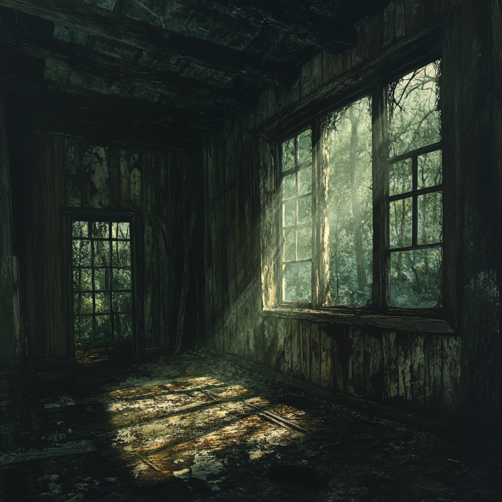 Abandoned cabin in dark forest with moldy walls.