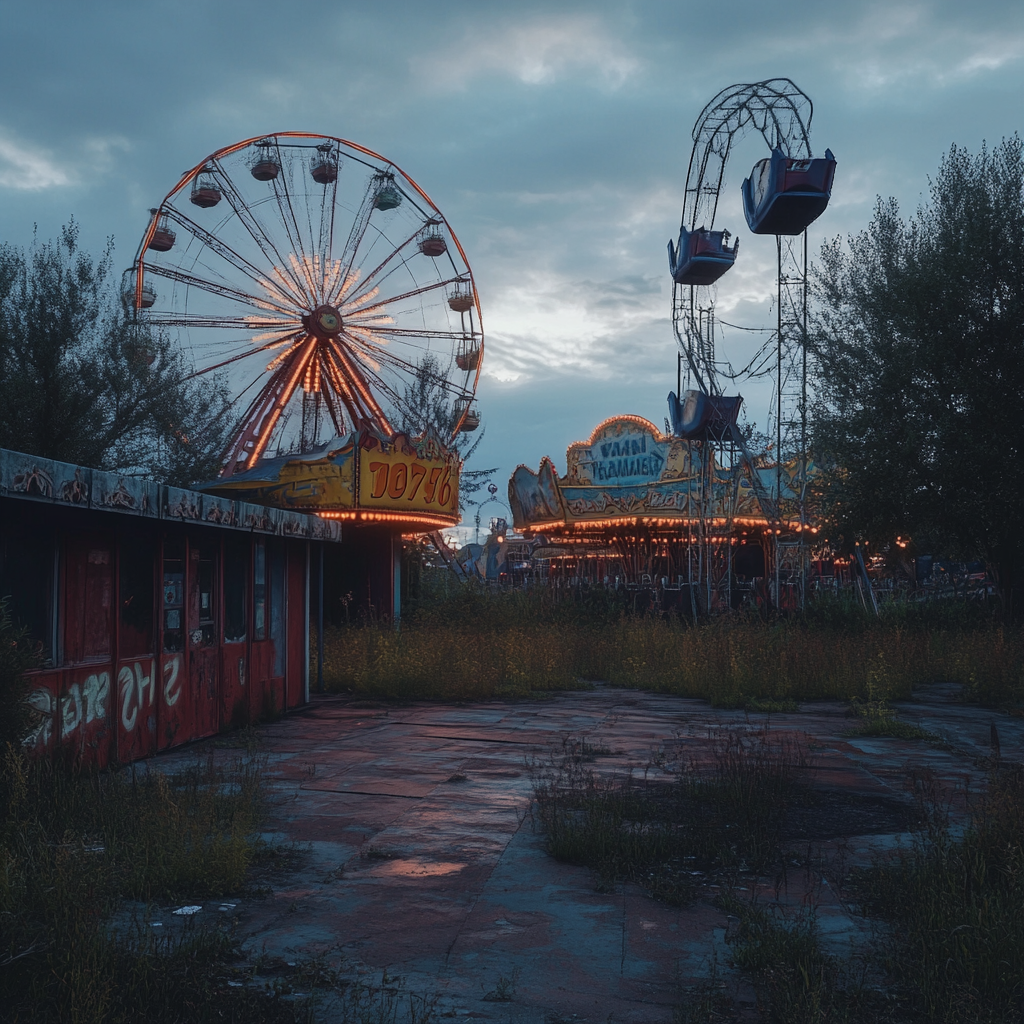 Abandoned fairground at dusk, rusting rides, long shadows