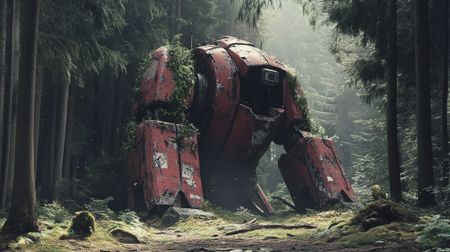 Abandoned giant robot in forest, quiet place, nature-covered.