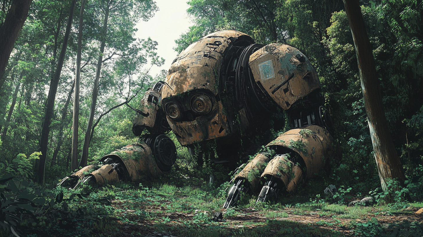 Abandoned giant robot in forest, surrounded by nature, peaceful.