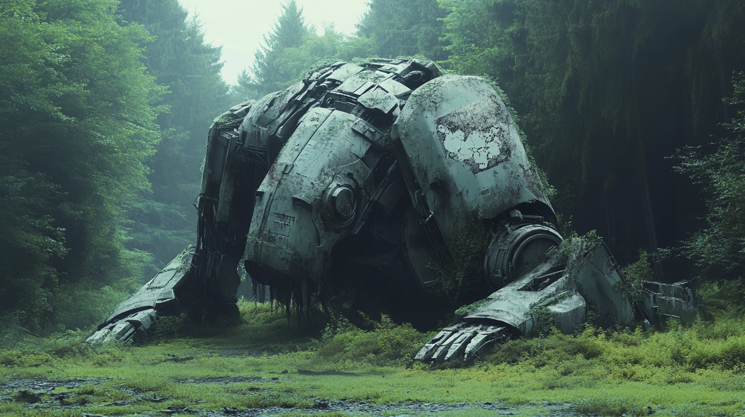 Abandoned giant robot in forest, transformer style, nature covered.