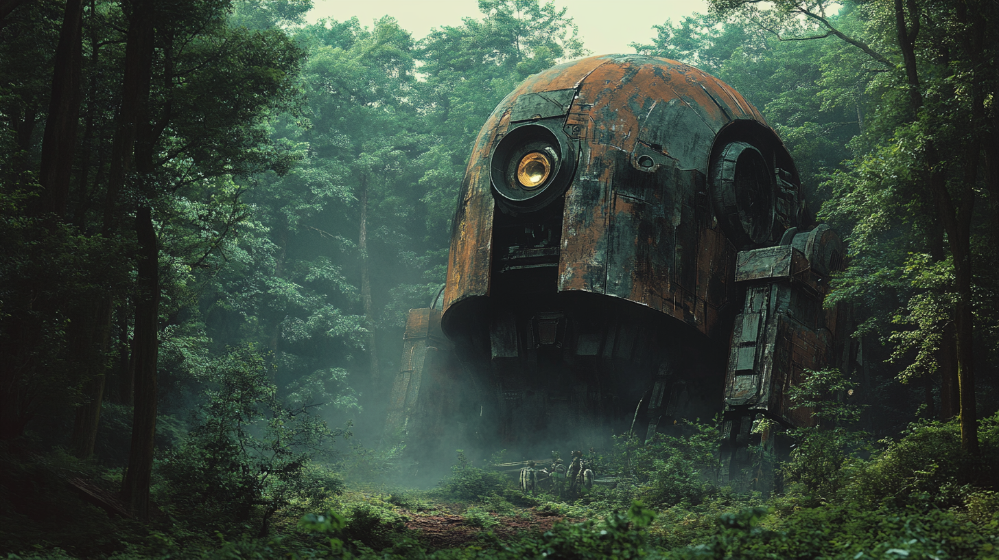 Abandoned giant robot in forest with illuminated eyes.