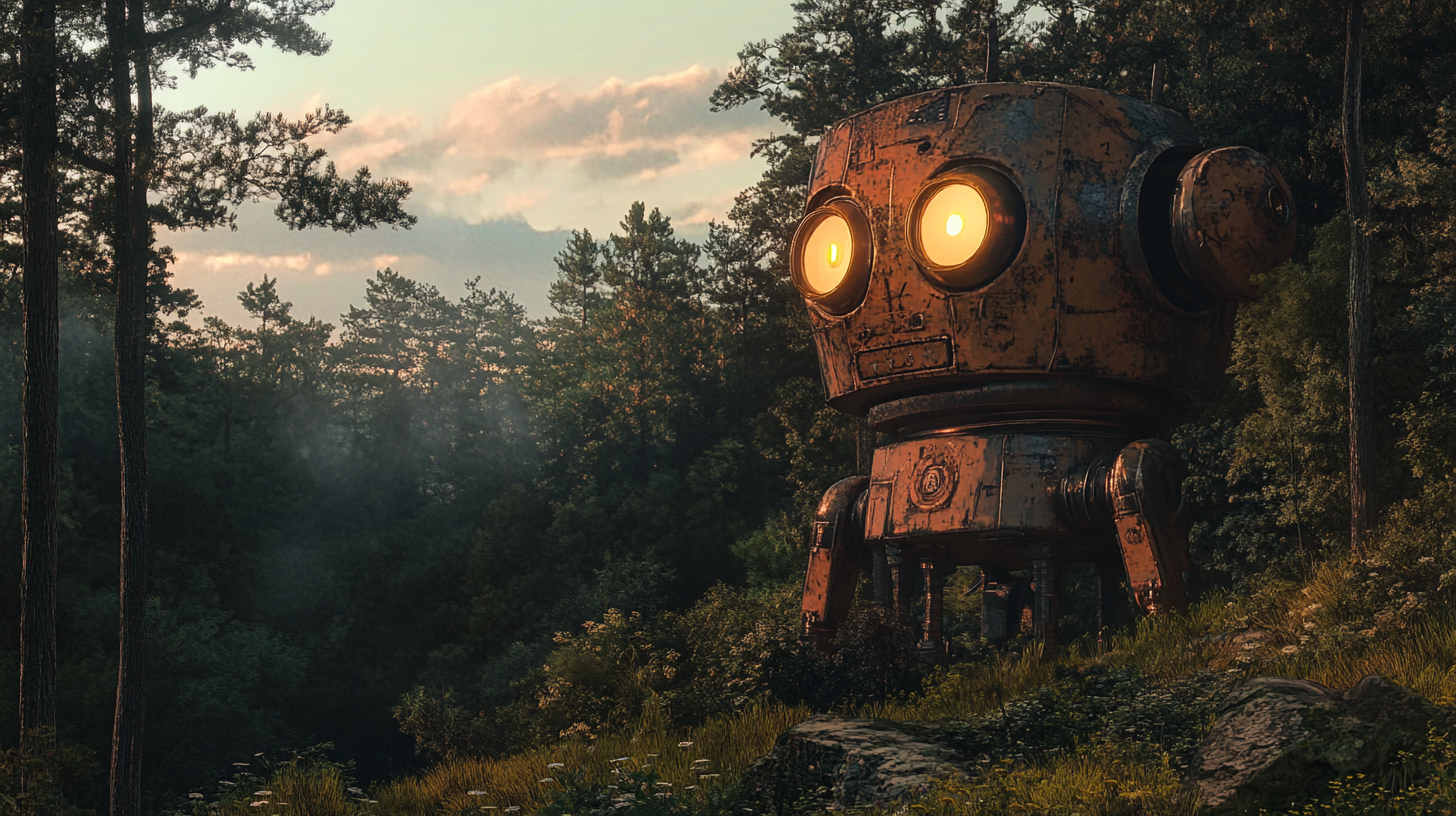 Abandoned giant robot in forest with nature covering.