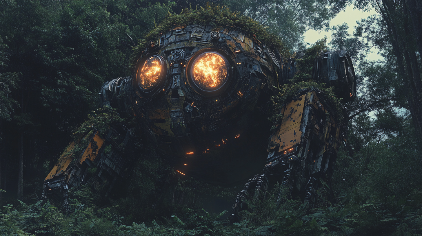 Abandoned giant robot with illuminated eyes in forest.