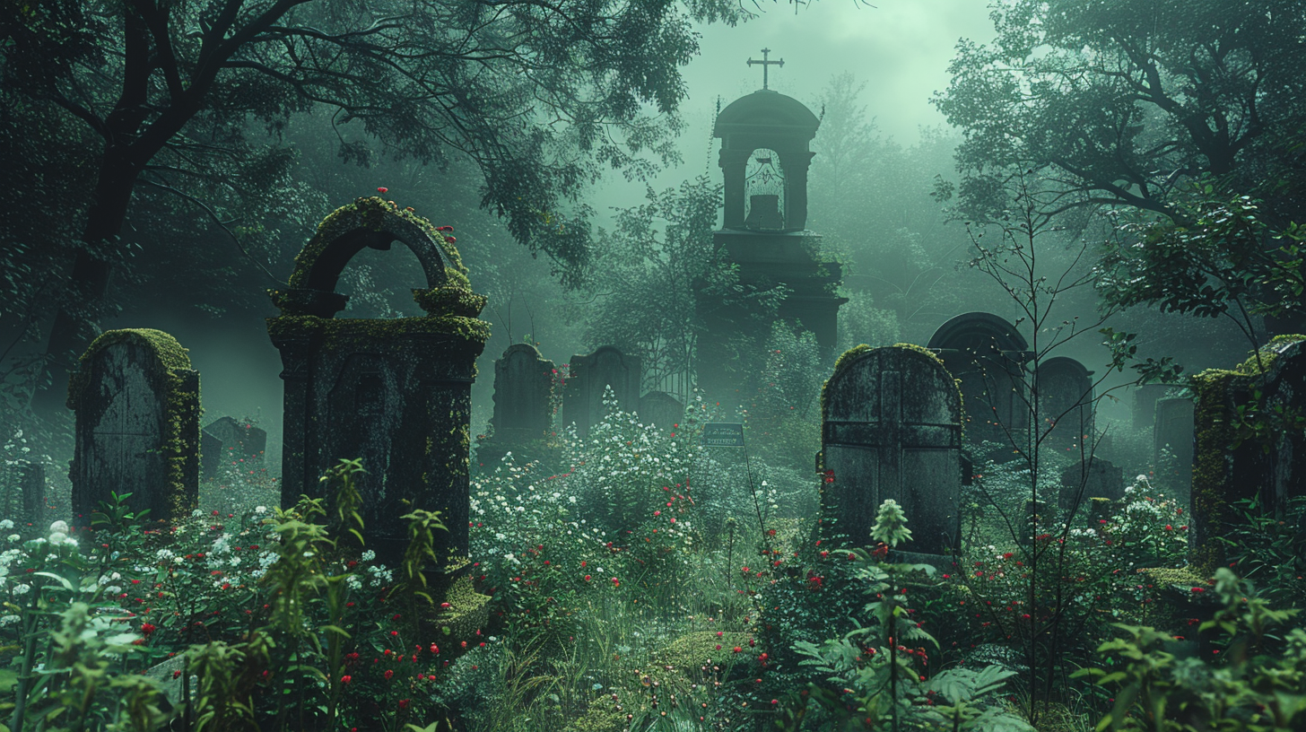 Abandoned graveyard in forest with old tombstones.