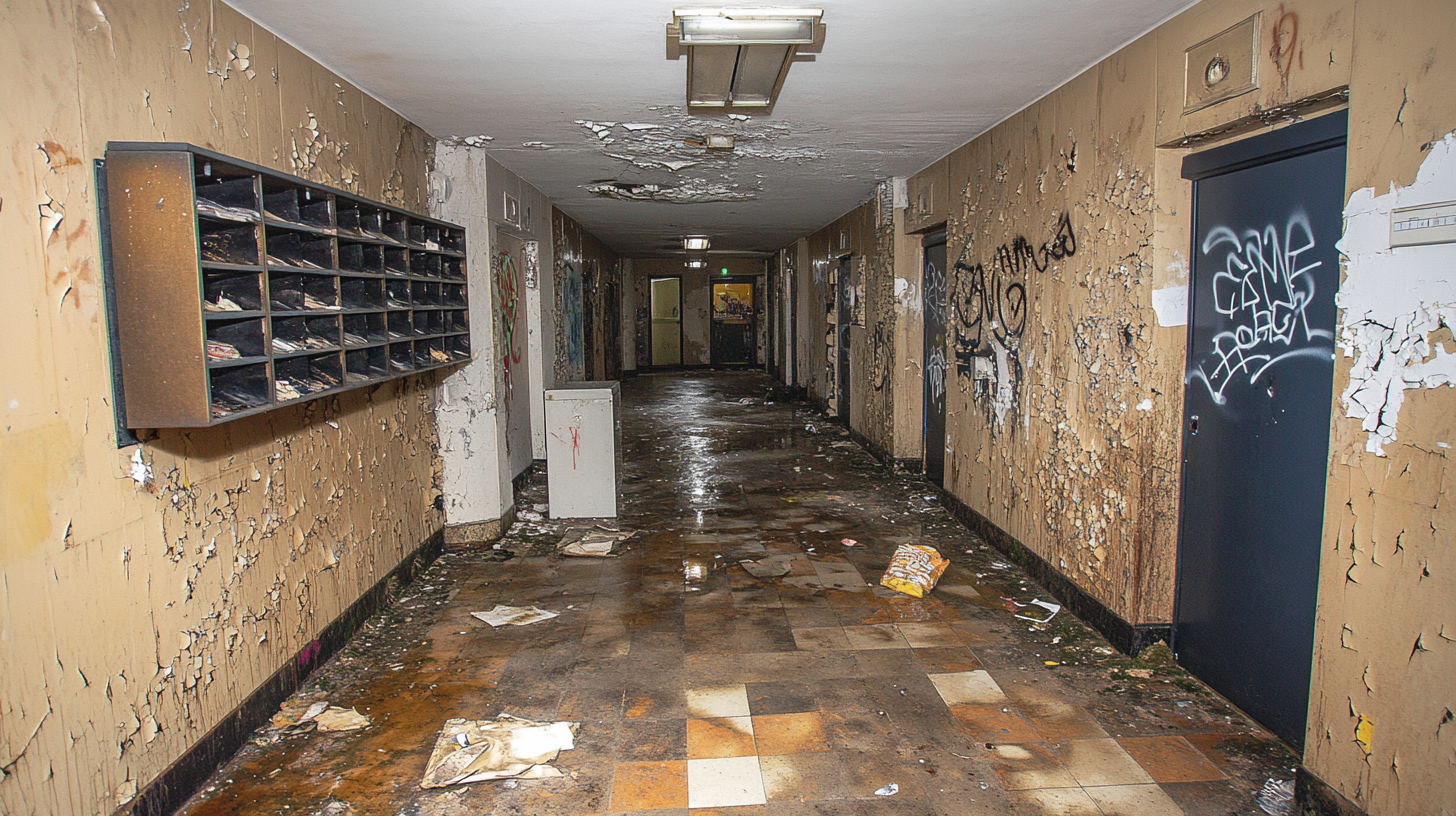 Abandoned high-rise entrance hall in French city