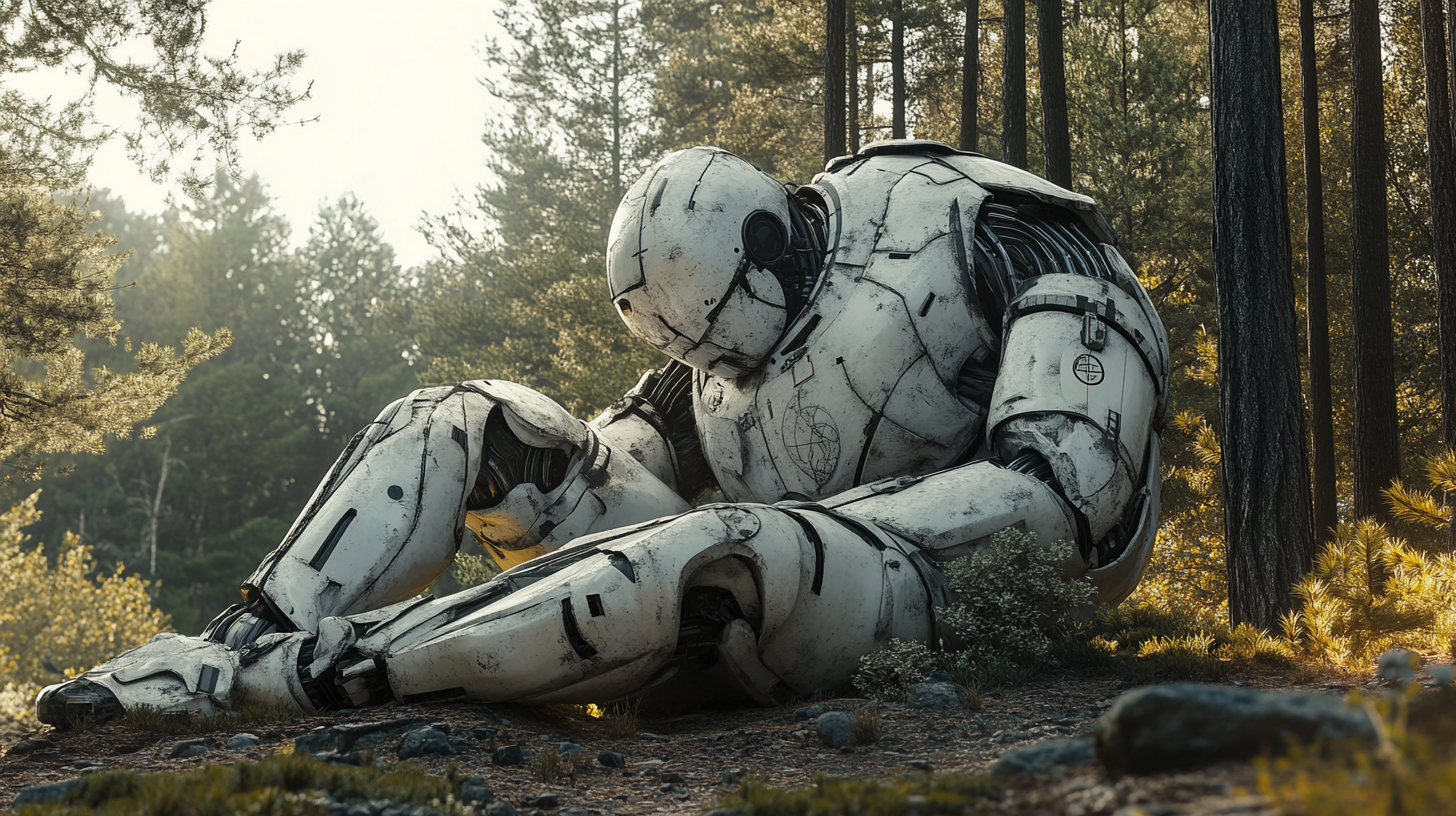 Abandoned humanoid robot in forest with nature covering it.