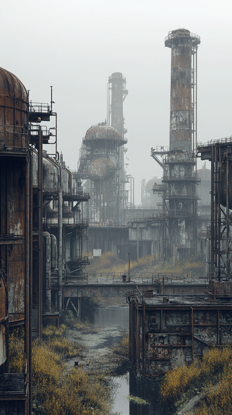 Abandoned industrial complex in dystopian setting with rusted metal.