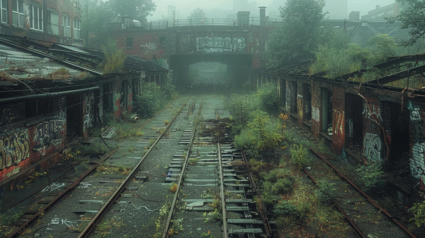 Abandoned industrial district with old train tracks, graffiti.