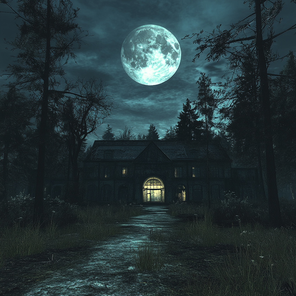 Abandoned laboratory in dark woods, eerie moonlight. 