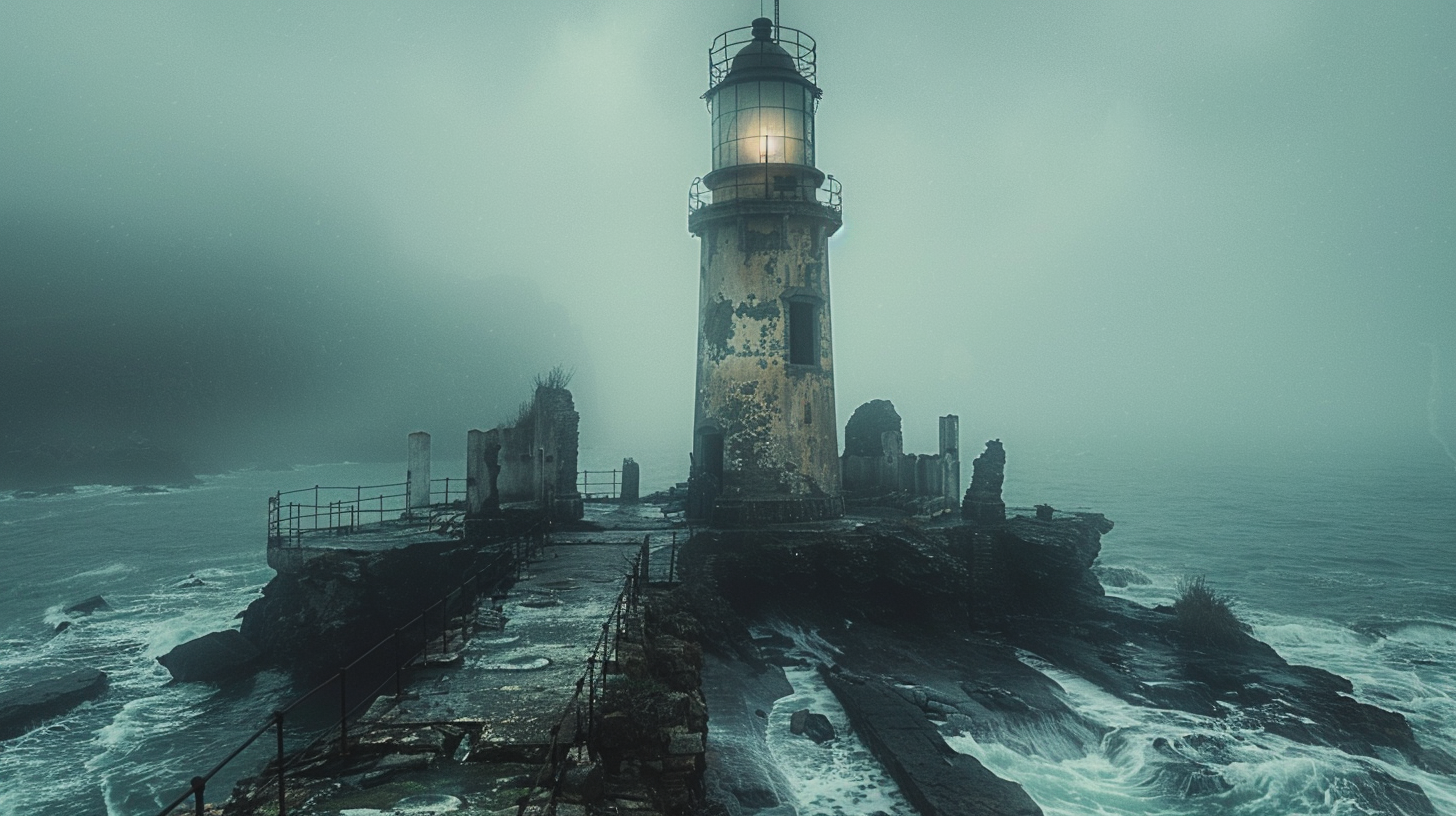 Abandoned lighthouse on rocky shore, crumbling tower, broken windows.