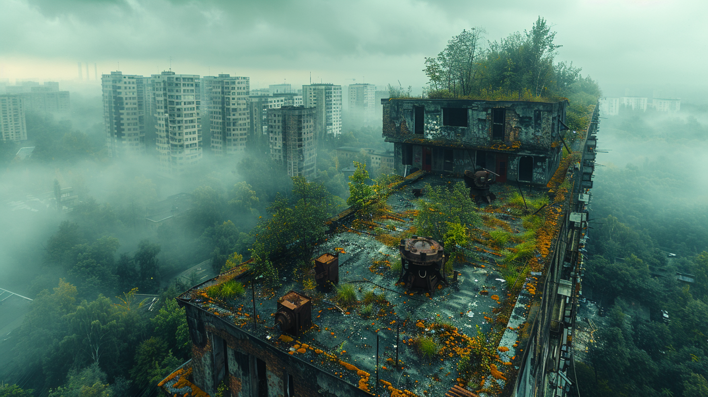 Abandoned skyscraper rooftop garden with overgrown wild vegetation.