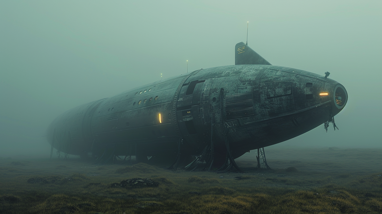 Abandoned spaceship in foggy field with distant lights.