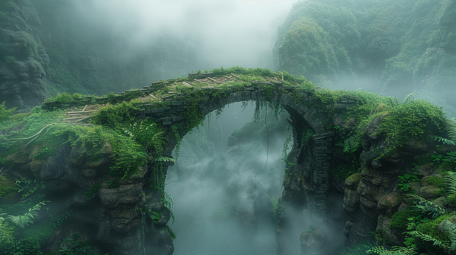 Abandoned stone bridge in mountains covered in moss.